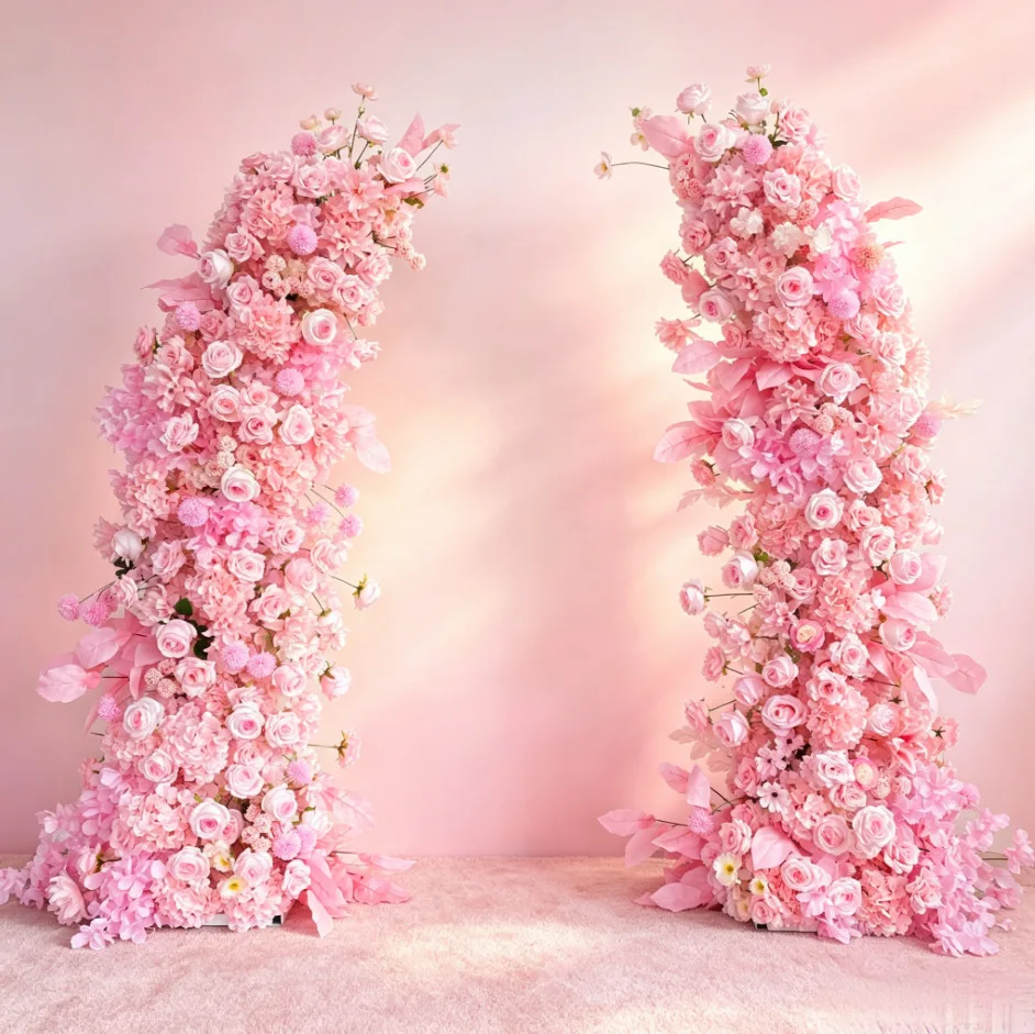 Uflower Romantic Peach Pink Rose Peony Wedding Floral Arrangement Horn Arch Frame Decor Stage Floor Flower Row Event Party Prop
