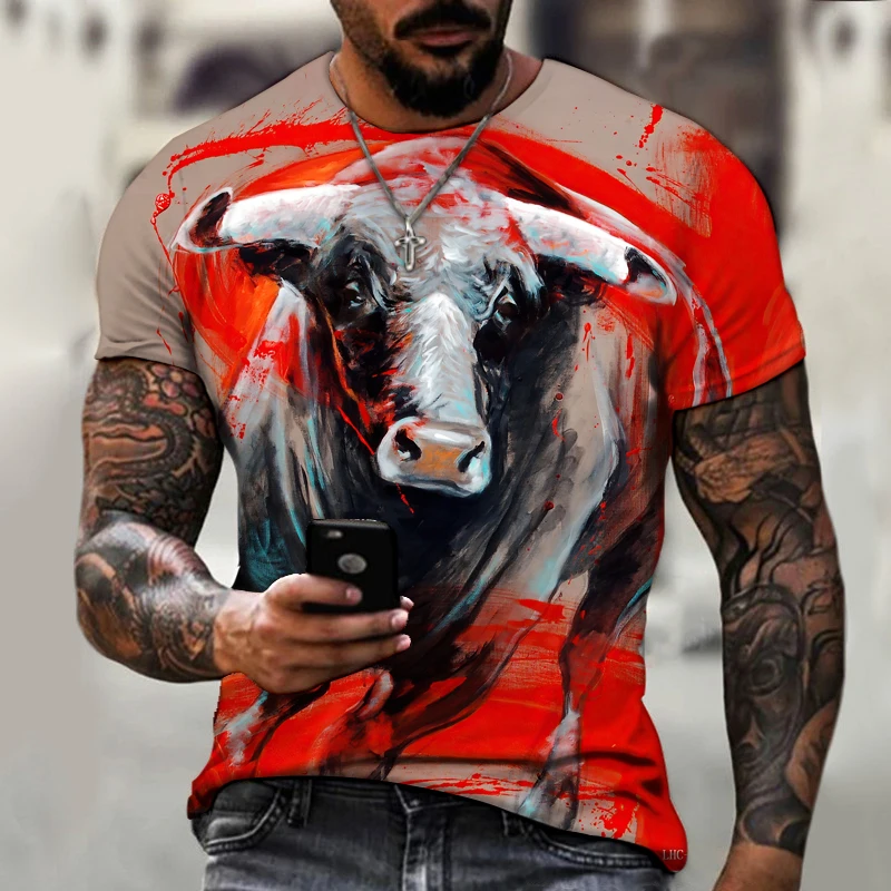 2023 brand men's shirt 3D printing animal bullfighting color painting super beautiful round neck T-shirt loose and comfortable