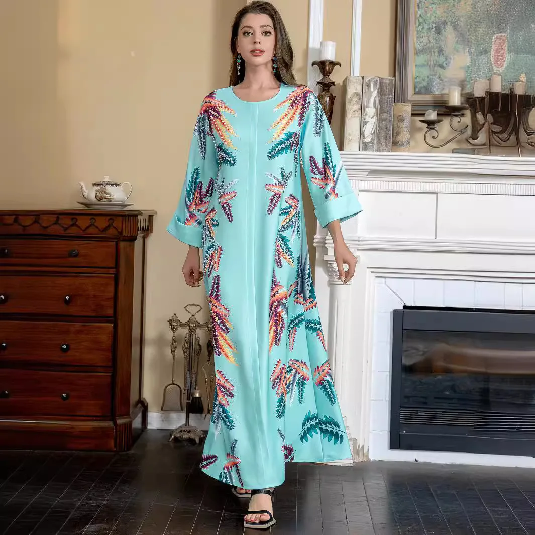 Women's 2024 New Summer Style Arabian Dubai Blue Fashion Printed Hot Diamond Beads Muslim Ramadhan Ethnic Style Elegant Robe