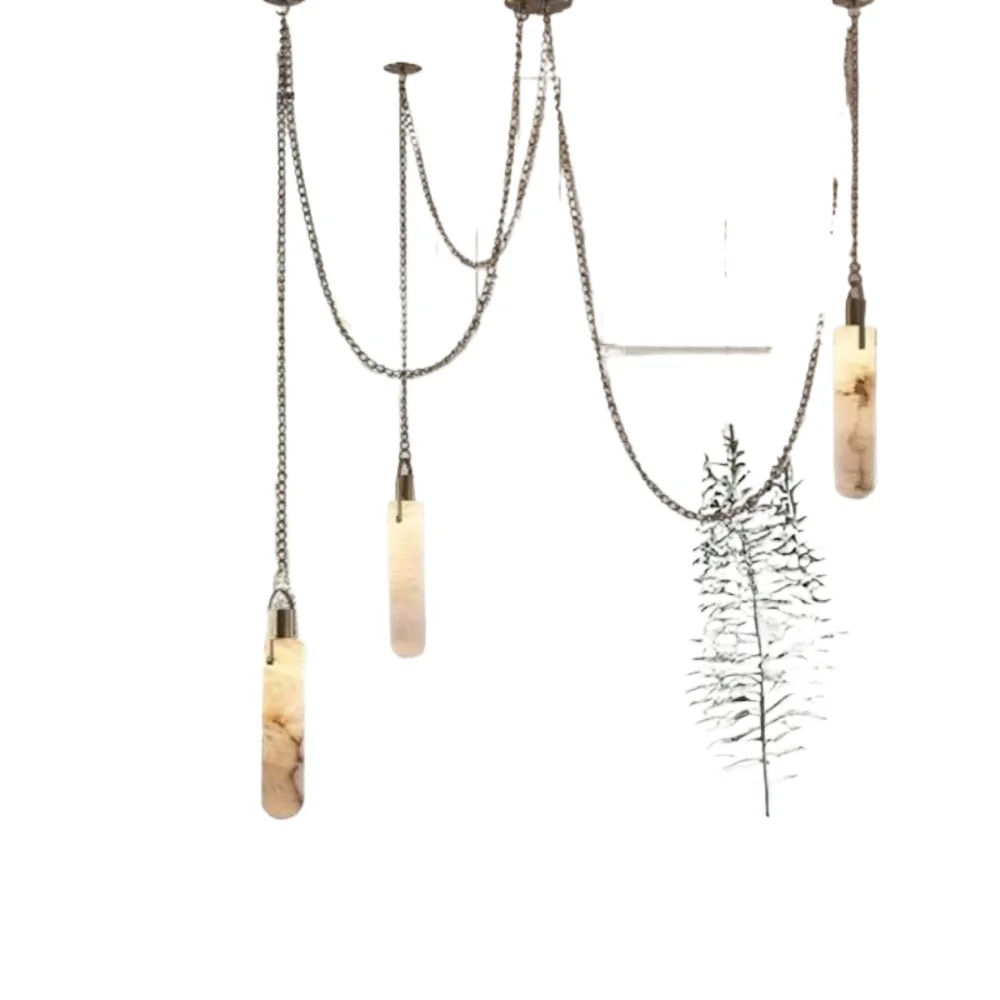 Natural snowflake marble pendant light, suitable for living room designers, villas, bars, rectangular multi head hanging chain