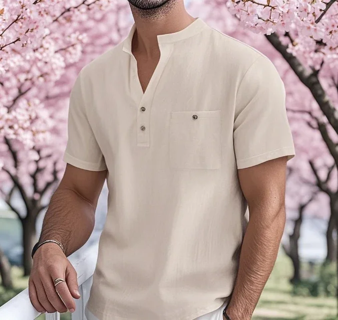 

Summer Men's Cotton and Linen Shirt Casual Short Sleeved Stand Up Collar Top Breathable Loose Men's Fashionable Streetwear