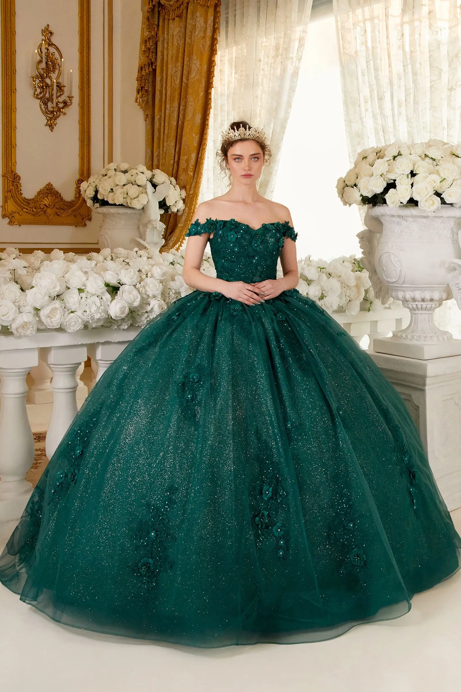 تول قبالة الكتف فساتين Quinceanera ، 3D الأزهار ، يزين لامع ، الترتر ، فساتين الكرة عاري الظهر ، فساتين حفلة عيد ميلاد فاخرة