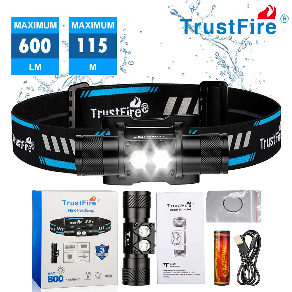 TrustFire H5R 600LM Rechargeable Waterproof Headlamp Dual Light LED Torch IP68 Running Camping Hiking Cycling Fishing Hunting Outdoor Emergency Work Light Headlight