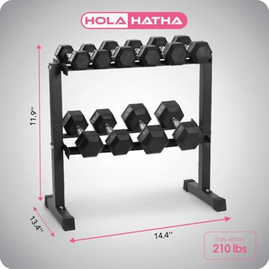 Hexagonal Rubber Dumbbell Weights Set with Rack for home gym use, rubber-coated, black, non-slip hex design and rack included