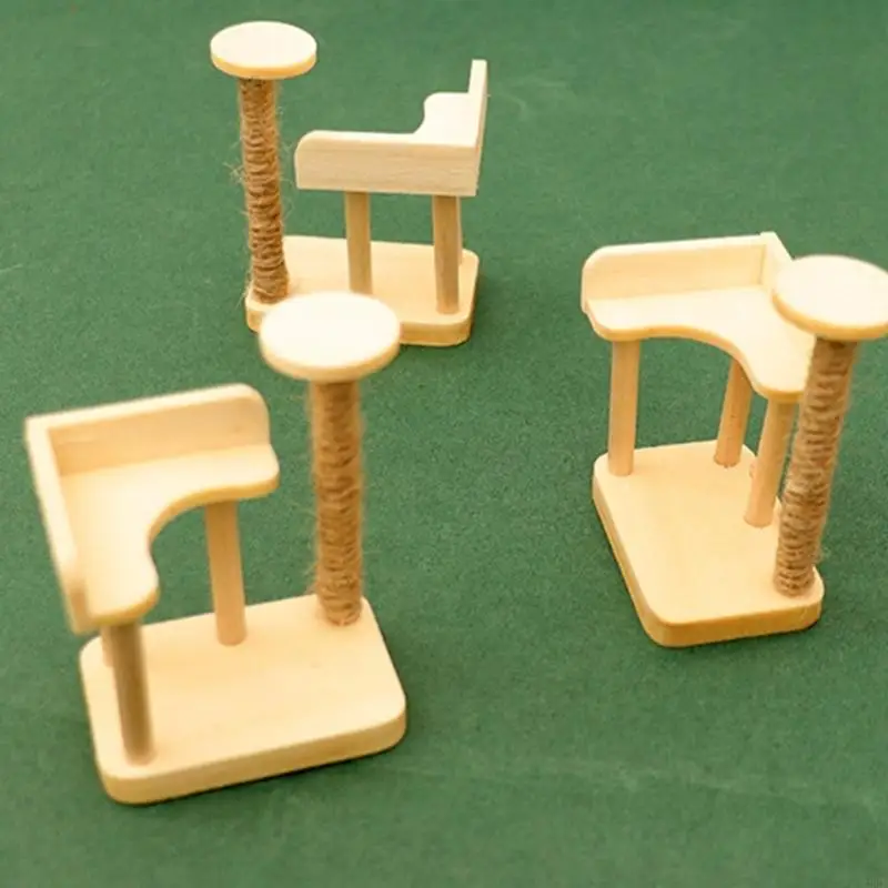 Conjunto figuras gatos miniatura escala 1/12, incluindo árvore escalada e tigelas comida, estatueta para