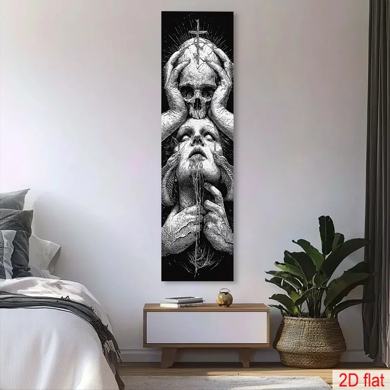 VIKAMA Black Horn Woman Skull Cross Tapestry - Sketch Wall Hanging for Gothic Subcultural Room, Art Aesthetic Decor