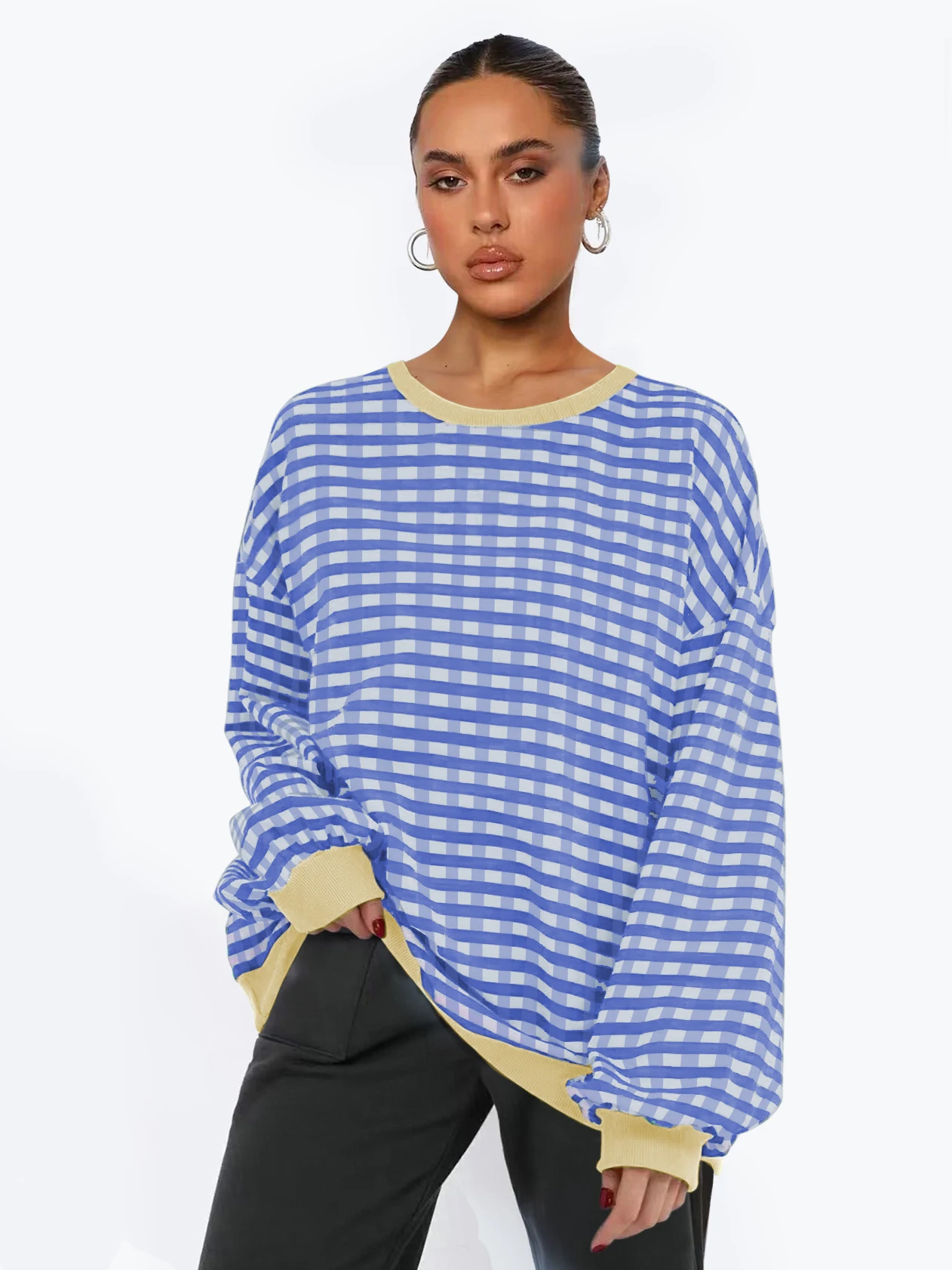 New Women'S Checkered Sports Shirt  Contrasting Long Sleeved Round Neck Oversized Casual Loose Sweatshirt Pullover