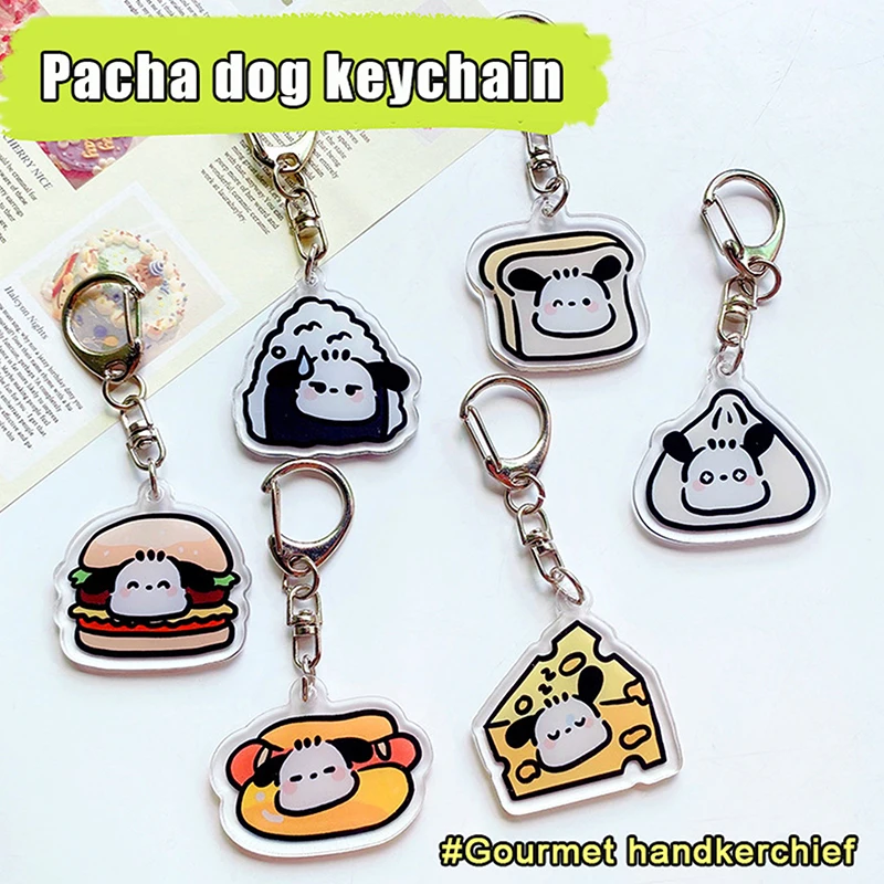 Cute Pochacco Keychain Transparent Acrylic Pacha Dog Hamburger Bread Rice Balls Cheese Keyring Bag Pendant Backpack Charms Gift