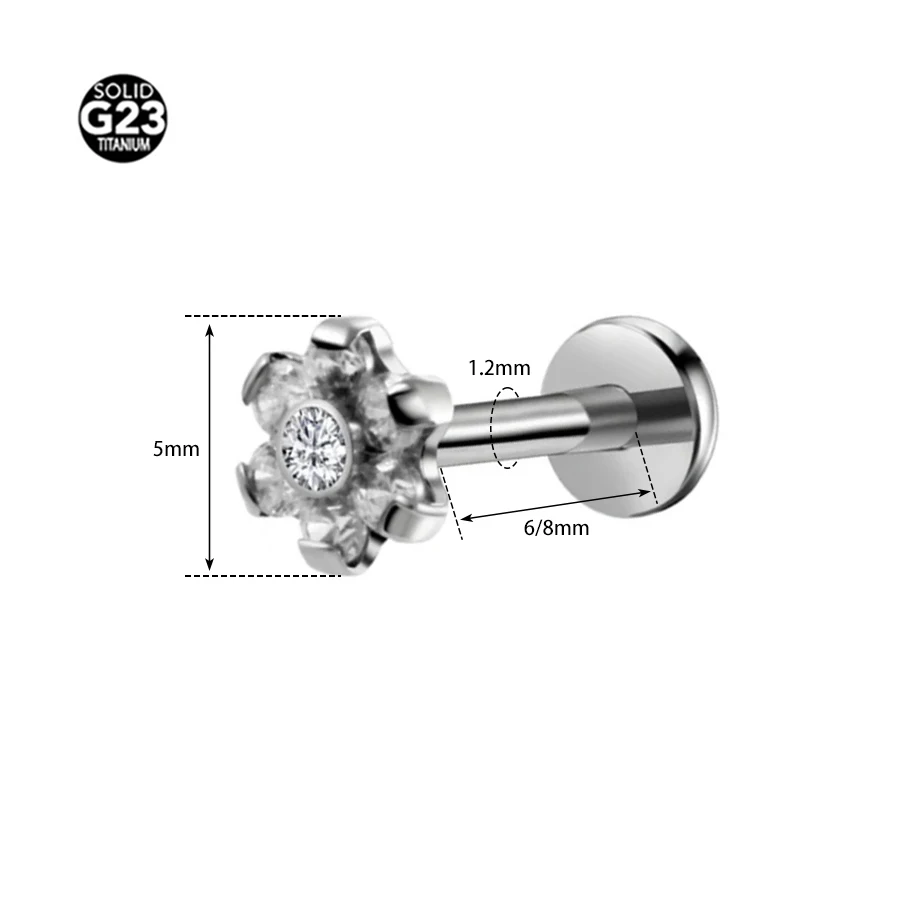 1PC G23 Titanium Flower internally threaded Labret Ring CZ Labret Piercing Lip Morne Earrings Stud Cartilage Piercings Body Jewe