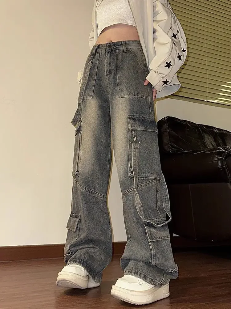 Jeans cargo larghi retrò americani da donna a vita alta tasche multiple pantaloni in denim vintage streetwear pantaloni larghi a gamba larga