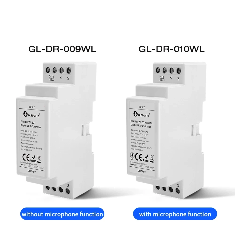 GLEDOPTO Din Rail WLED Controller DC 5-24V with Mic DIY Dynamic Mode for WS2811 WS2812 SK6812 Without Gateway.