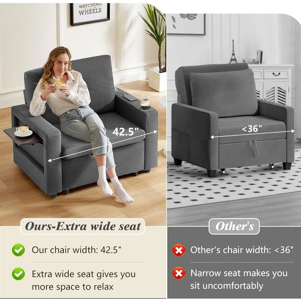 convertible 3-in-1 sleeper sofa chair with pull-out bed and adjustable reclining backrest, side pockets