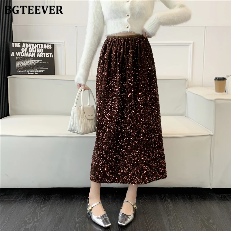 

BGTEEVER Fashion Elastic High Waist Ladies Mid-Length Sequin Skirts Autumn Winter Elegant Loose Female Split A-line Skirts