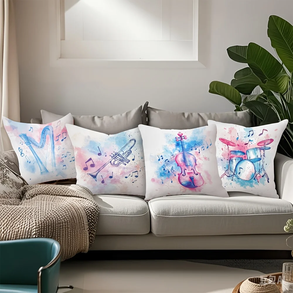 4pcs, printed pillowcases, musical instrument patterns, including harp, trumpet, violin, drum set. Suitable for daily gatherings