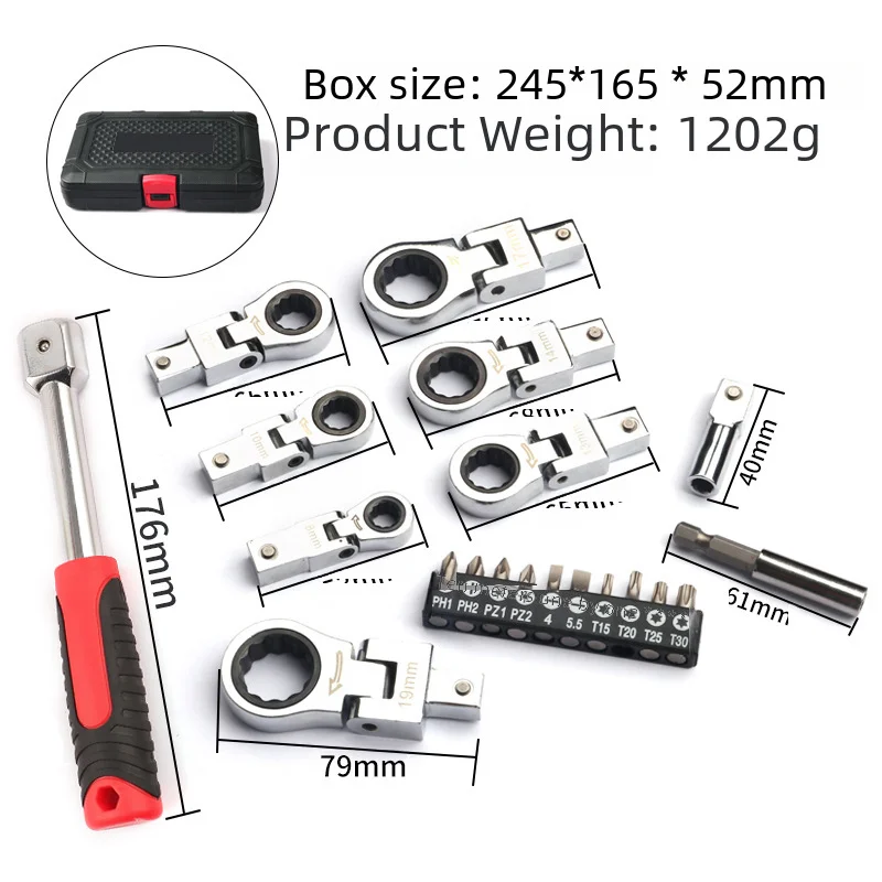 Set of 9, interchangeable ratchet wrench, tubing wrench set, moving head wrench, 180° rotary gear wrench