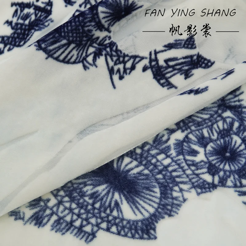 2026 New Fashion Blue White Porcelain Burnt Out Velvet Fabric For Dress Telas Para Costura Tissus Couture ткань Cloth Diy