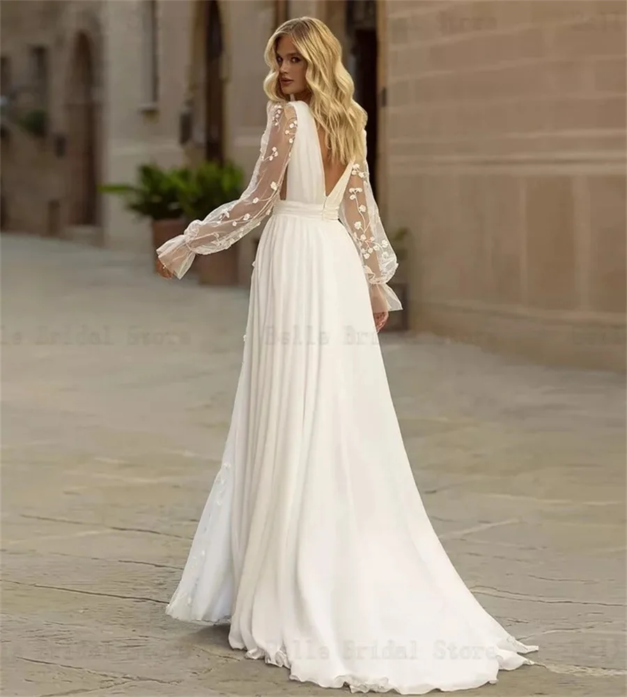 Gatsby Boho Wedding Dresses Deep V Neck Illusion Long Sleeve Lace Bride Dress Fairy Beach Bohemian Bridal Dress Sexy Customized