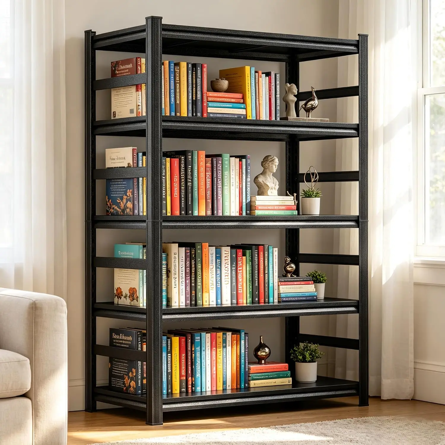 5-Tier Large Bookcase, Metal Bookshelf & Large Printer Stand,36