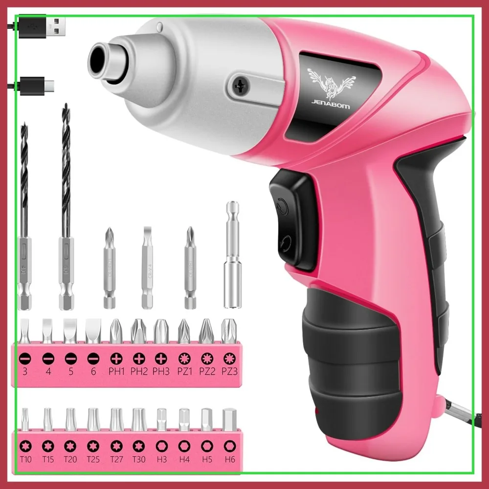 

Pink Cordless Electric Screwdriver, 3.6V Rechargeable Small Drill with 24-Piece Bit Set, 3.5Nm Torque, LED Light for Home DIY