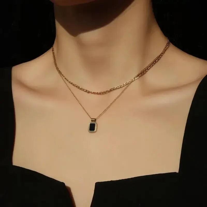 New in trend Simplicity and luxury double-layer black agate square necklaces High quality collar chain party choker jewelry gift