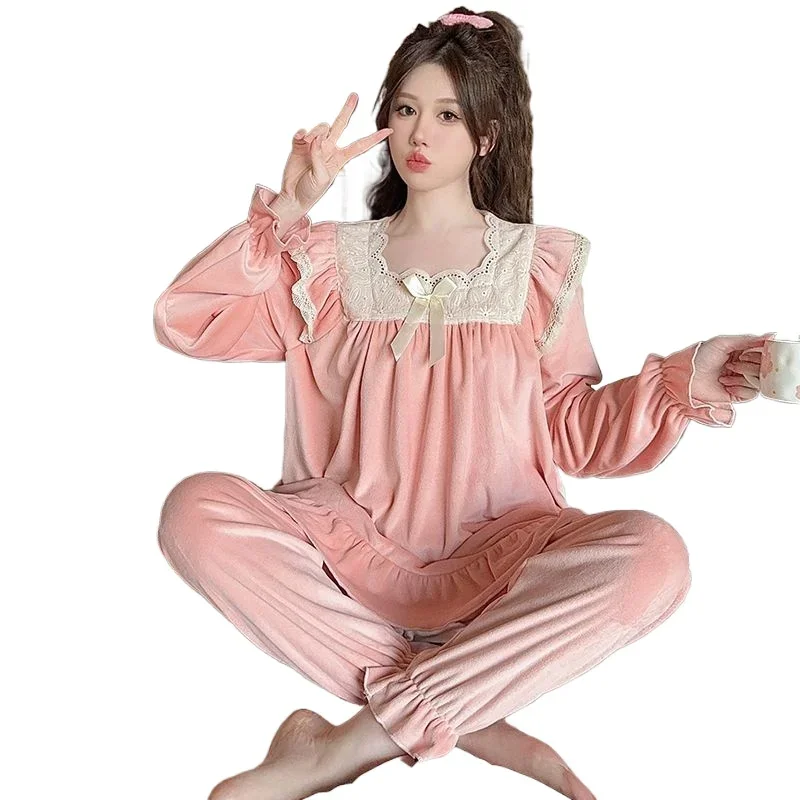 Island Velvet Nightgown Lady Autumn Winter Sweet and Lovely Princess Wind Solid Color Girl Loose Large Size Lace Style Home Wear