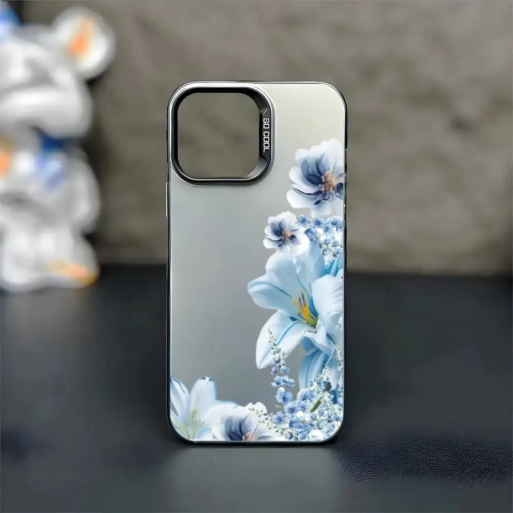 เคสโทรศัพท์ลายดอกลิลลี่สีน้ำเงินสุดหรู สำหรับ iPhone17,16,15,14,13,12,11 Plus,Pro สีเงินด้าน ป้องกันการกระแทก