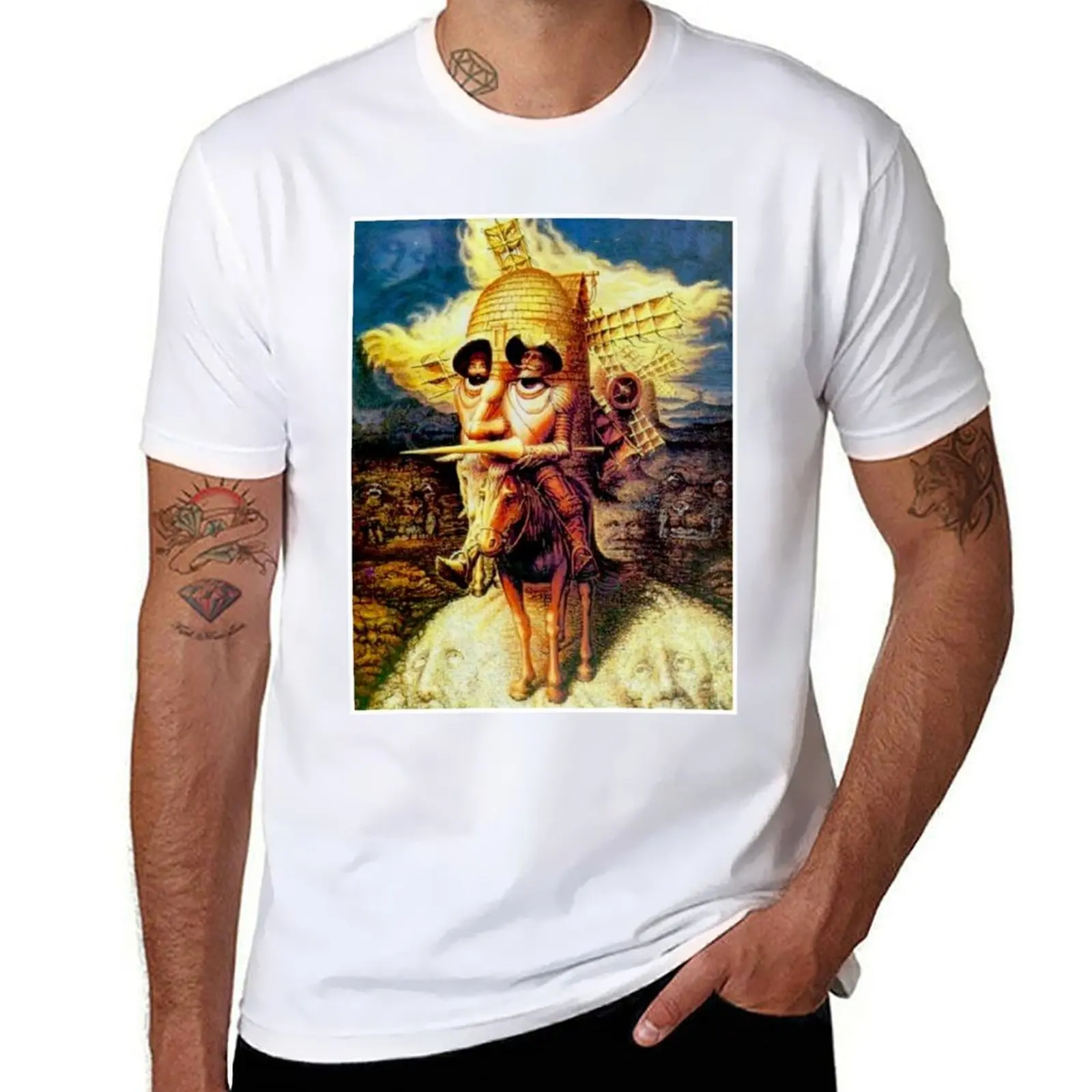 

DON QUIXOTE : Vintage Abstract Tilting at Windmills Print T-Shirt man t shirt cotton man graphic t shirt T-Shirt
