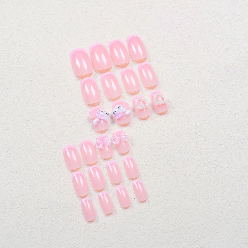 24 uñas postizas medianas cuadradas, rosa francés, lindo gato caricatura, blanco, amor, camelia, gelatina, moño 3