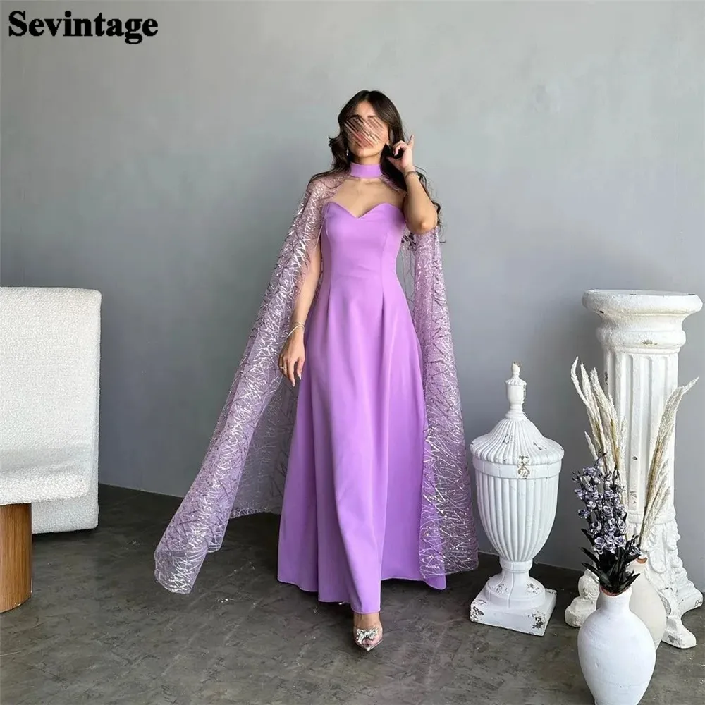 

Sevintage Modest Lavender Evening Dresses Strapless Cape Sleeves Floor Length Formal Women Prom Gowns Special Occasion Dresses