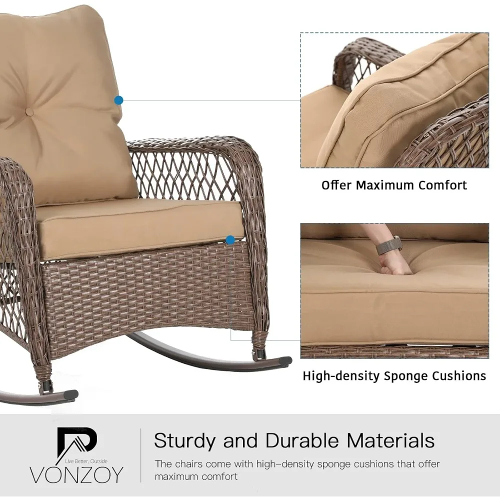Patio Furniture Set 3 Pieces, Wicker Rocking Bistro Set with Thick Cushions, Outdoor Rocker Chairs and Coffee Table for Porch