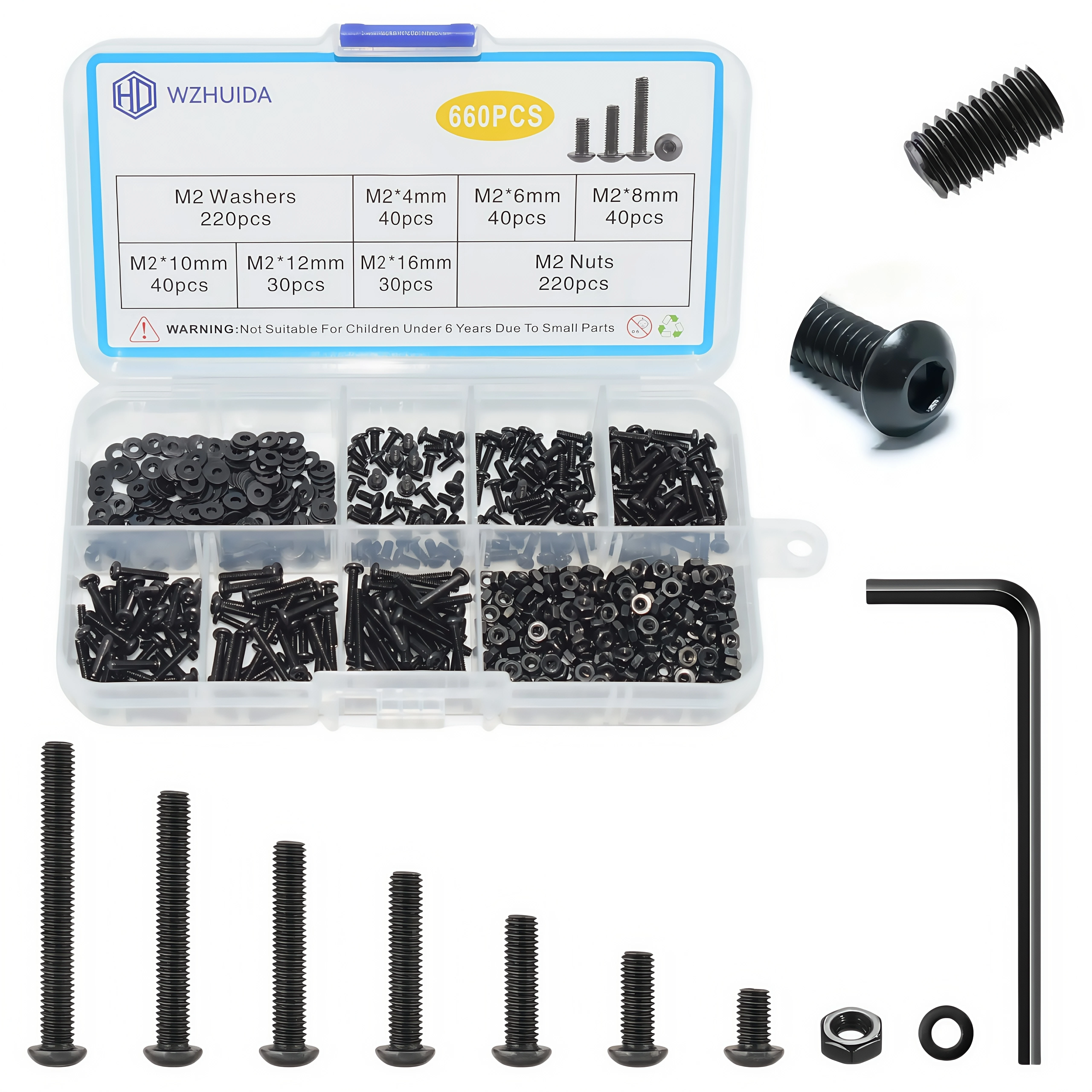 

660 Pcs M2 Screws Assortment Kit, Metric Hex Button Head Socket Cap Screws Nuts Washers Kit with Wrench, Black Zinc Plated