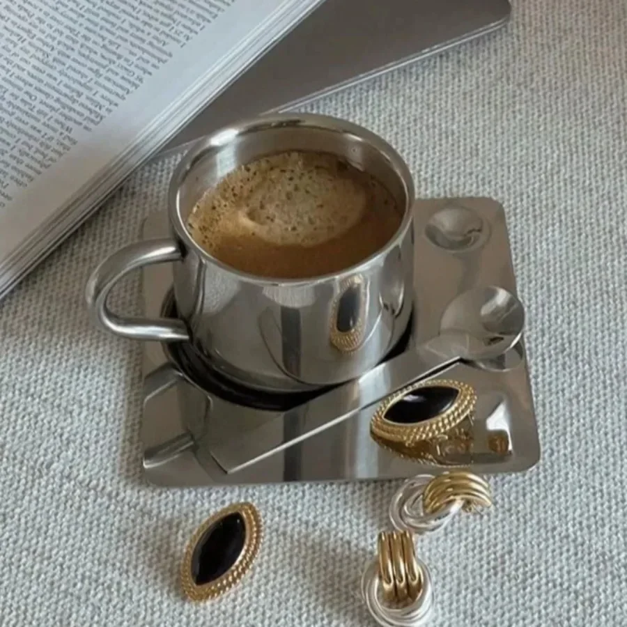 304 Stainless Steel Coffee Mug 3pcs Set Minimalist Nordic Mug Heat Resistant Milk Cup with Spoon Placemat  Coffee Cup Set Gifts