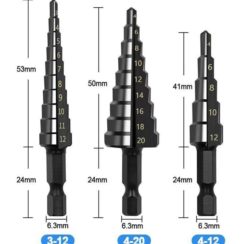 3pcs Straight Groove Step Drill Bit Set Wood Metal Hole Cutter Core Drill Bit Set 3-12/4-12/4-20mm Woodworking