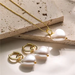 18K Gold Plated Brass White Imitation Pearl Bead Necklace Earrings for Women,Heart Pendant Cute Jewelry Set