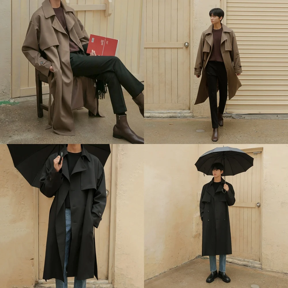 

Ветровка, мужской плащ 2023, двубортная длинная свободная куртка в корейском стиле для мужчин