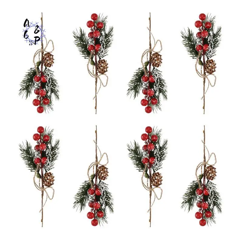 A68P-Red Berry Stems Pine Branches Evergreen Christmas Berries Decor 8 PCS Artificial Pine Cones Branch Craft Wreath Pick