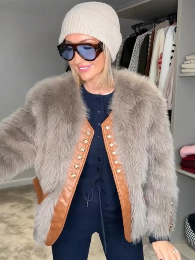 Women Faux Fur Coat V Neck Pu Leather Trim Gold Button Patchwork Pockets Long Sleeve Cropped Warm Winter Streetwear Furry Jacket