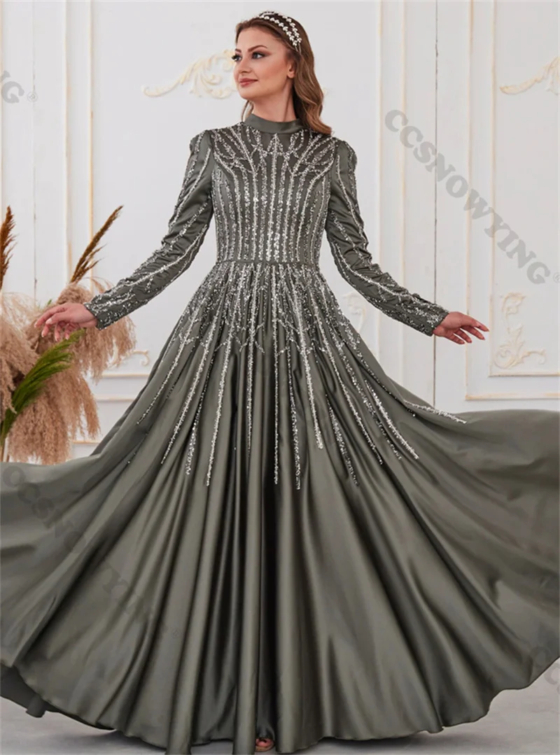 Luxury Appliques Beaded Muslim Evening Dresses Long Sleeve Islamic Formal Party Gowns High Neck Women Arabic Robes De Soirée