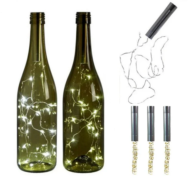 LED Wine Bottle Lights - Battery Powered String Lights - Christmas Decor - Silver Cork Shape Glass Bottle Stopper Lamp