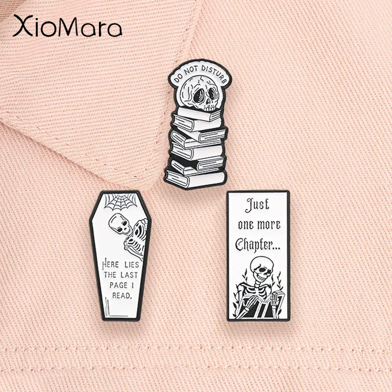 Just One More Chapter Enamel Pins Punk Skeleton Reading Here Lies The Last Page I Read Bookworm Brooches Halloween Jewelry Gifts