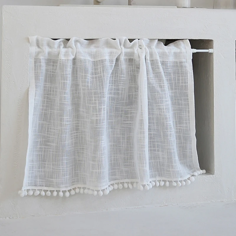 Short Curtain Valance Kitchen Window Curtains with Pom Pom White Cotton Linen Light Filtering 1 Panel for Over Sink Laundry Room