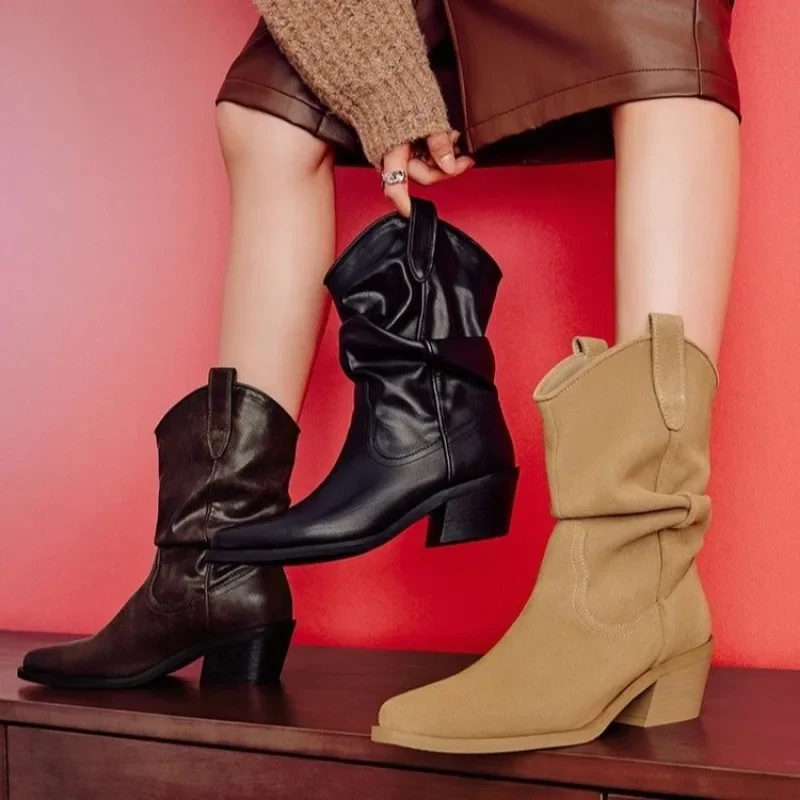 Botas vaqueras occidentales para mujer, zapatos de media pantorrilla de cuero PU con volantes, tacón grueso y Punta puntiaguda, Retro, Otoño e Invierno