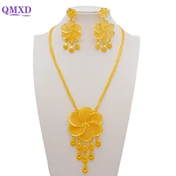 Fashion Jewelry Set African Dubai Gold Color Flower Tassel Long Chain Necklace Earings Sets For Women Wedding Party Gifts