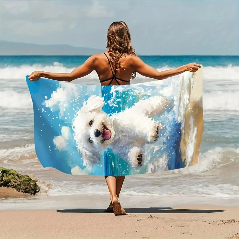 Happy Puppy Dog Beach Towel Microfiber Cute White Maltese Bath Towel Ocean Surfing Travel Blanket Large Pool Shawl For Kids
