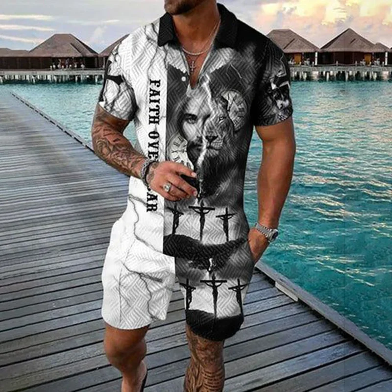 Funny 3D Print Men's Sets Fashion Polo Shirt+Shorts 2 Piece Outfit Fashion Zipper Short Sleeve Shirts Summer Hip Hop Streetwear