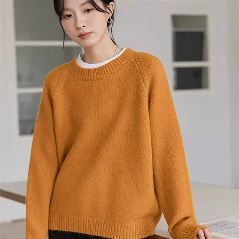 

Высококачественный вязаный свитер из чистой шерсти с круглым вырезом 100, женский свободный пуловер, утолщенный свитер, базовый топ