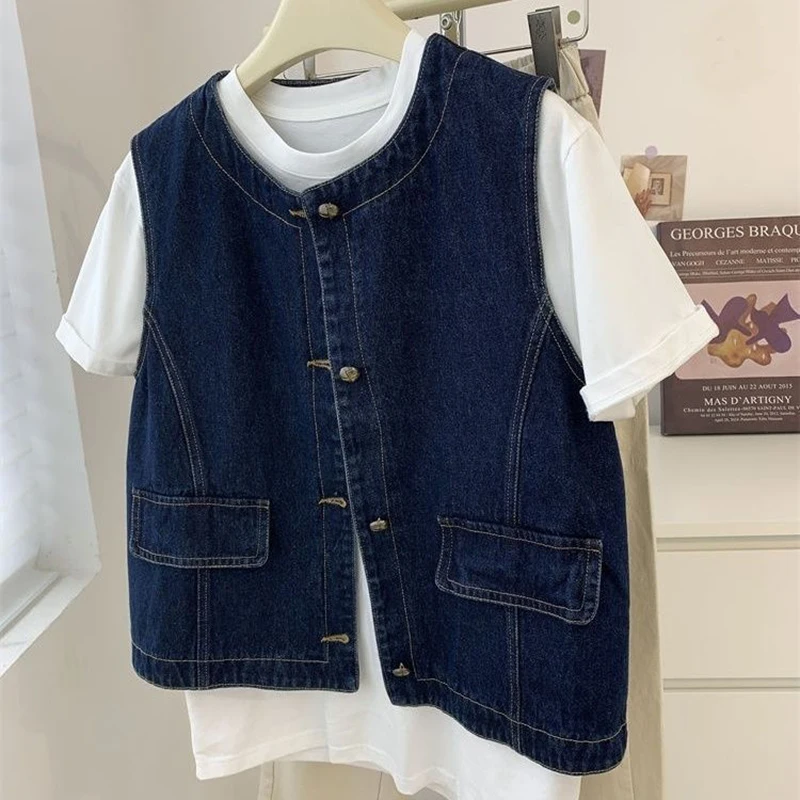 Women's Waistcoat New Slim Denim Jackets Female Round Neck Buttons Cardigans Top Jeans Cowboy Jaqueta Feminina Chaleco Mujer