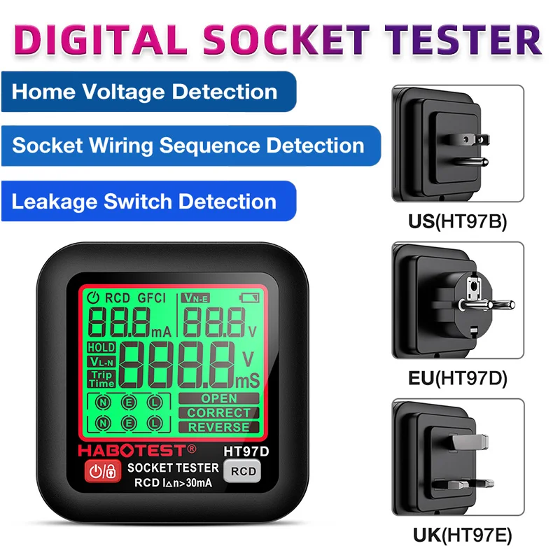 Professional Socket Tester Voltage Test EU/UK/US Plug Digital Outlet Socket Ground Zero Line Plug Polarity Phase Check for Home