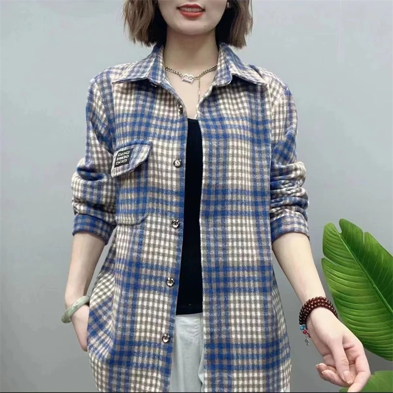 Women Vintage Classic Plaid Streetwear Oversized Single Breasted Shirt Jacket Y2K Autumn Winter Trendy Long Sleeve Thick Blouses