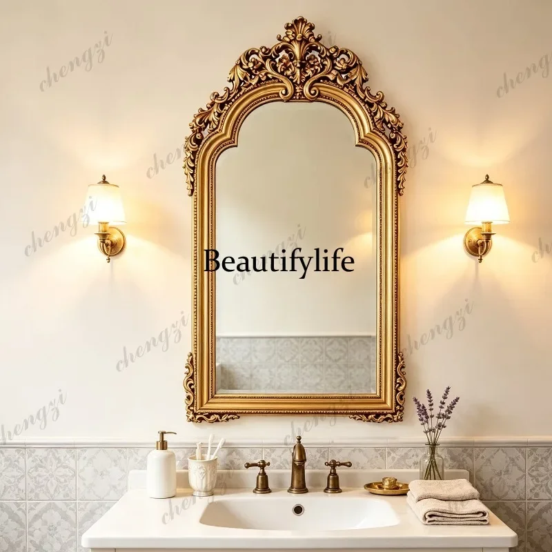 B32 French vintage bathroom mirror, American wall-mounted decorative mirror, carved high-end makeup mirror